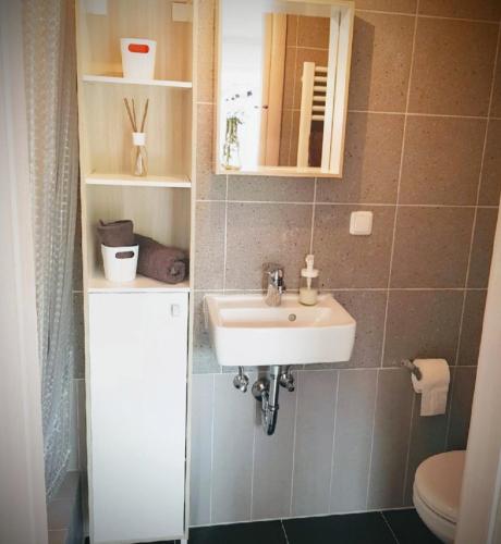 a bathroom with a sink and a toilet at Kelsterhaus in Kelsterbach