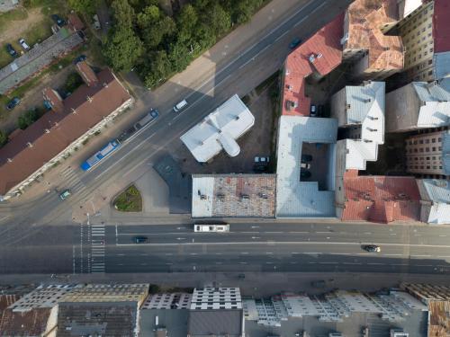 an aerial view of a street in a city at ApartHotel Riga in Rīga