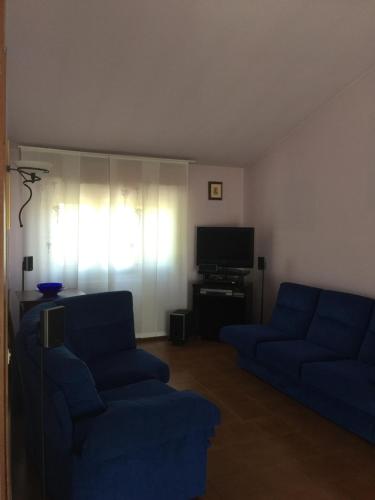 VittuoneにあるMagentaのリビングルーム(青いソファ2台、テレビ付)