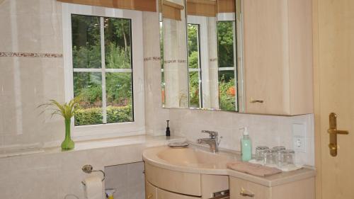 a bathroom with a sink and two windows at Haus am Pinnower See in Pinnow