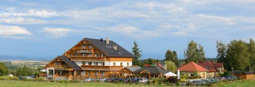 a large wooden house with cars parked in a field at Hotel Alpejski in Polanica-Zdrój