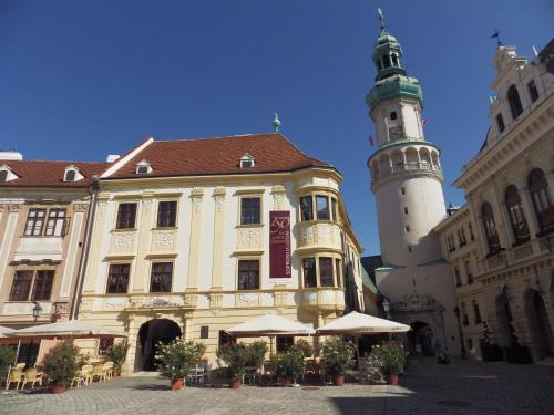 a large building with a lighthouse in a city at Belvárosi Erdész-lak Sopron in Sopron