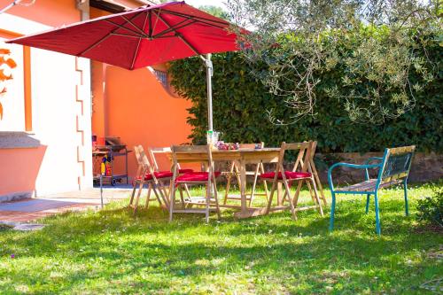 a table and chairs under an umbrella in the grass at Frascati Country House in Grottaferrata