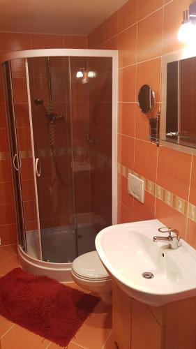 a bathroom with a shower and a toilet and a sink at Golem Tatranská Štrba in Tatranska Strba