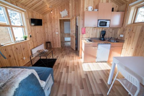 a kitchen and living room in a wooden cabin at Lindarbrekka in Djúpivogur
