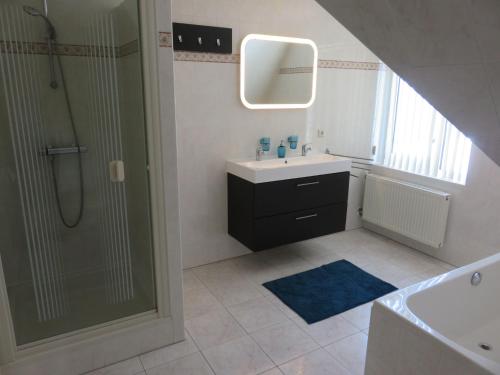 a bathroom with a sink and a shower and a mirror at Oostvaarders vakantiehuis in Almere