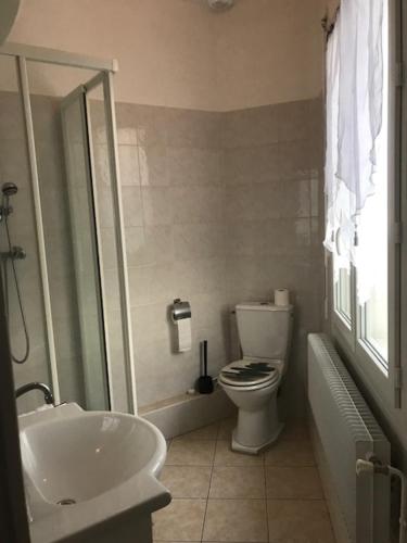 La salle de bains est pourvue de toilettes et d'un lavabo. dans l'établissement Hotel Restaurant l'Avenir, à Saint-Pierre-des-Corps