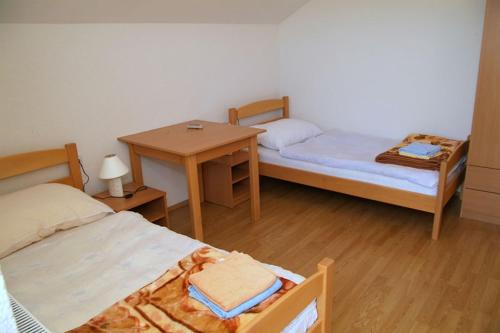 a small room with two beds and a table at Prenociste Denis in Velika