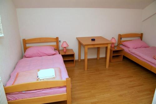 a room with two beds and a table with a desk at Prenociste Denis in Velika