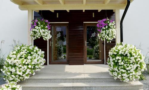 two large flowers on the front of a building at Apartamenty u Harrego II Przy Stawie Spa klimatyzacja,balkon,sauna , balia, ogród,parking in Kudowa-Zdrój