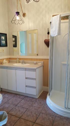 a bathroom with a sink and a shower at Le Manoir du Vieux Presbytère in Port-Daniel