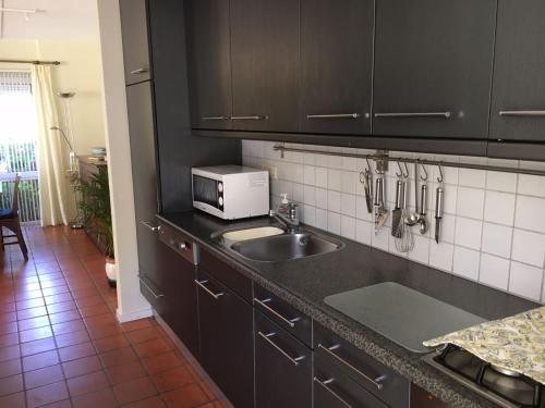 eine Küchentheke mit einer Spüle und einer Mikrowelle in der Unterkunft Lonestar Appartement in Burgh Haamstede