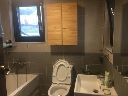 a bathroom with a toilet and a sink and a tub at Guest House Dalggume in Mokpo