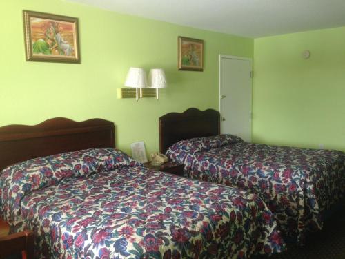 Dos camas en una habitación de hotel con paredes verdes. en Budget Inn, en Donalsonville