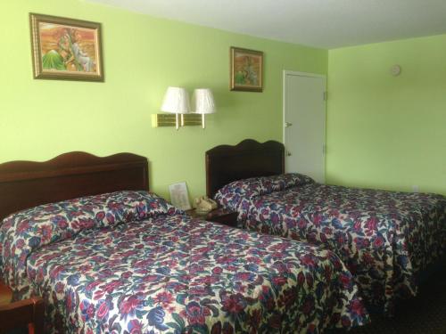 2 camas en una habitación de hotel con paredes verdes en Budget Inn, en Donalsonville