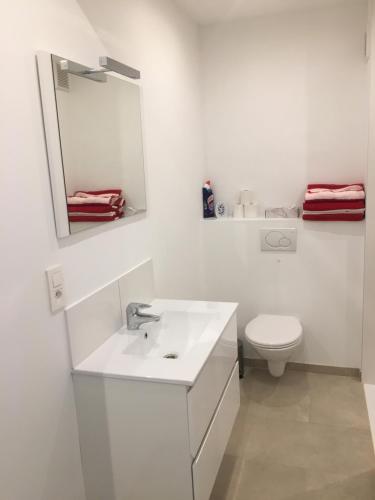 uma casa de banho branca com um lavatório e um WC em apartment Seaside em Blankenberge