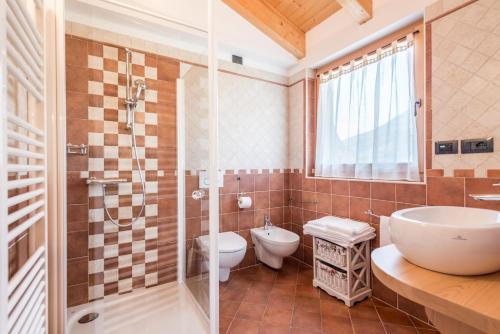 La salle de bains est pourvue d'un lavabo, de toilettes et d'une douche. dans l'établissement Agritur La Val, à Vigolo Vattaro