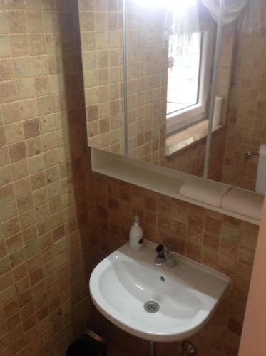 a bathroom with a sink and a mirror at Neanderland-Apartment in Wülfrath
