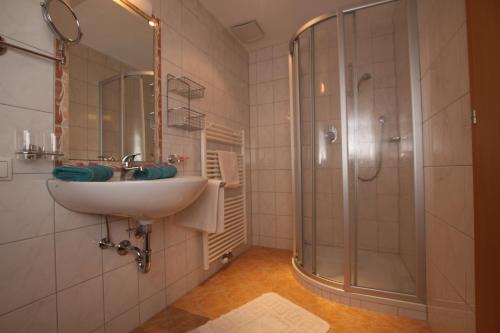 a bathroom with a sink and a shower at Apart Rustica in Kaunertal