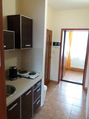 a kitchen with a sink and a counter top at Penzion Fako in Liptovský Mikuláš