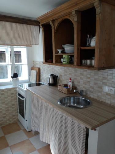 a kitchen with a sink and a counter top at Penzion U kozy in Chřibská
