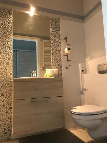 a bathroom with a toilet and a window at Pokoje i Apartamenty Retro Gdynia in Gdynia