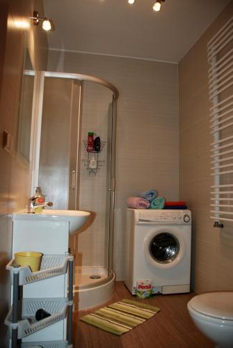 a bathroom with a washing machine and a sink at Apartment AMUR in Krakow