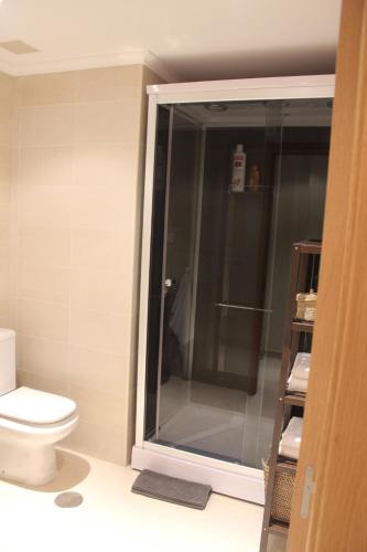 a bathroom with a toilet and a glass shower at Costa Reinante Spa in Barreiros