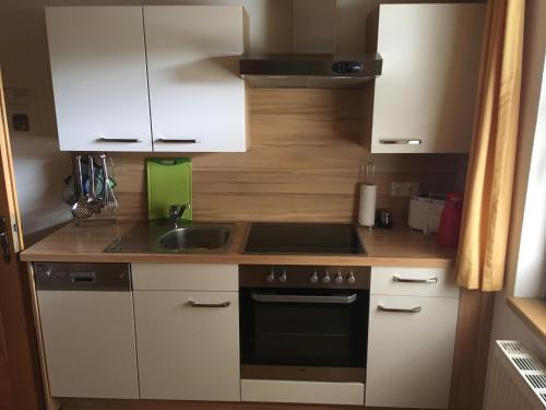 a small kitchen with white cabinets and a sink at Landhaus Kuen in Huben