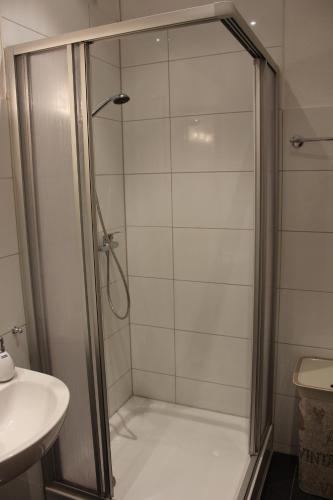 a bathroom with a shower and a sink at Ferienwohnung Bonita in Freital