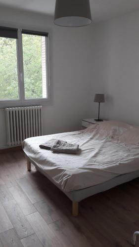 - un lit blanc dans une chambre avec fenêtre dans l'établissement Modernité et design Part Dieu, à Lyon
