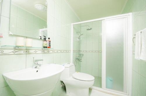 een badkamer met een toilet, een wastafel en een douche bij Berkshire B&B in Qimei