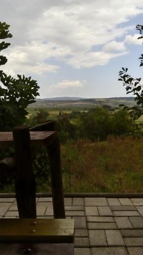 a bench sitting in front of a view of a field at Twins V.V.T Hostel in Orešani