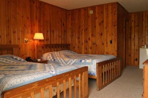two beds in a room with wood paneled walls at Lost River Motel in Lost City