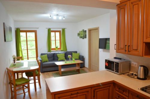 a kitchen and living room with a couch and a table at Apartmán Pohoda Nová Pec in Nová Pec