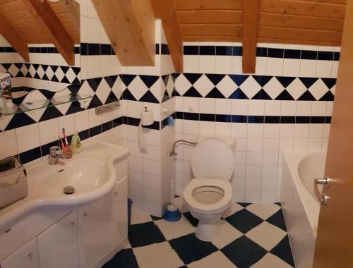リプノ・ナト・ヴルタヴォウにあるRiviera Lipno 502-07のバスルーム(トイレ、洗面台、バスタブ付)