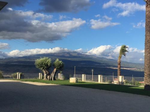 two palm trees and a fence with mountains in the background at Borgo Ginuga in Centuripe