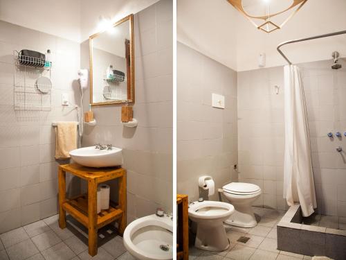 Duas fotografias de uma casa de banho com WC e lavatório. em Casa Helsinki em Córdoba