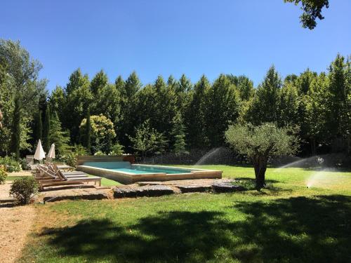 a backyard with a swimming pool and a fountain at mas des pampres in Cabannes