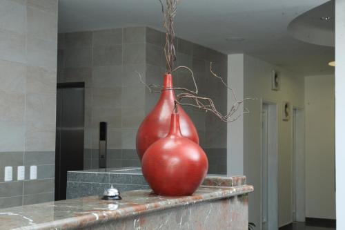 a red vase sitting on top of a counter at Hotel Galerias HN in San Pedro Sula