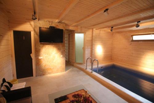 a tub in a wooden room with a tv on the wall at Villa Kaiser in Lviv