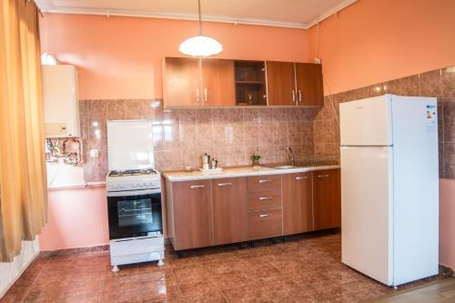 a kitchen with brown cabinets and a white refrigerator at Relaxing residence in Sibiu