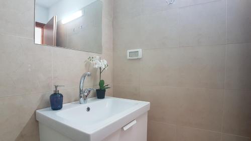 un bagno con un lavandino bianco e uno specchio di Hili Apartments a Tiberias
