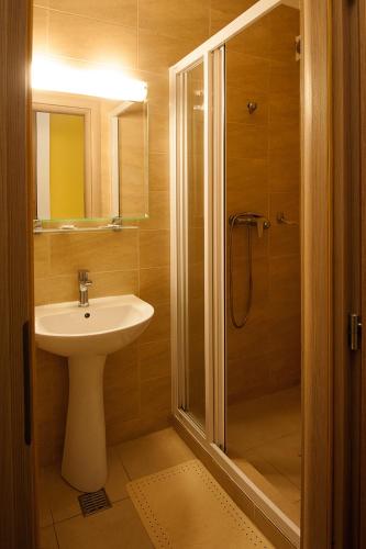 a bathroom with a sink and a shower at Hotel Ceramica in Iaşi