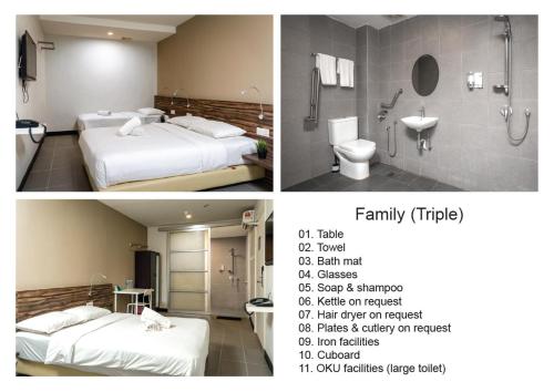 two pictures of a hotel room with two beds and a bathroom at MAX Hotel Subang Jaya in Subang Jaya