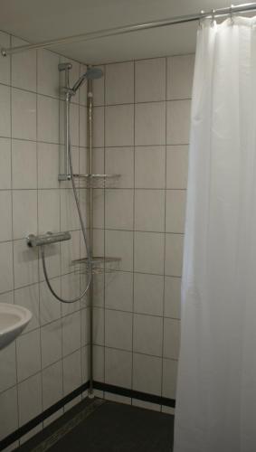 een badkamer met een douche en een douchegordijn bij Übernachten im ehemaligen Zollgebäude in Hauset