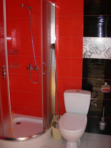 SierakowiceにあるChoszczogródの赤いバスルーム(トイレ、シャワー付)