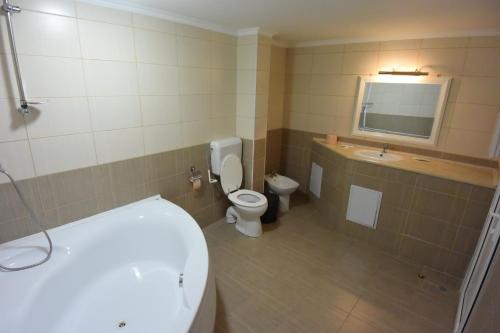 ein Bad mit einem WC und einem Waschbecken in der Unterkunft Hotel Arizona in Timişoara