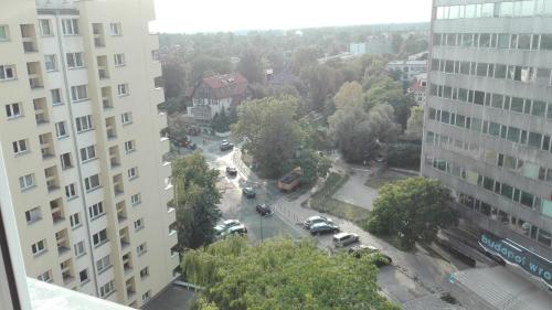 an aerial view of a street in a city with buildings at Apartament Maneki Neko in Wrocław