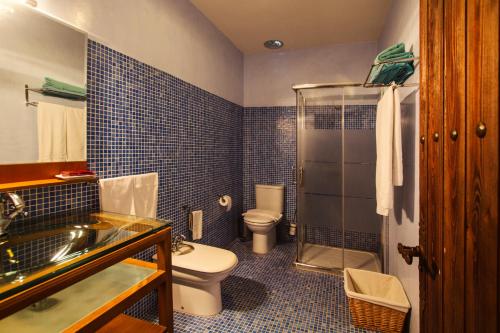 a bathroom with a toilet and a shower and a sink at Alojamientos Rurales los Albardinales in Tabernas